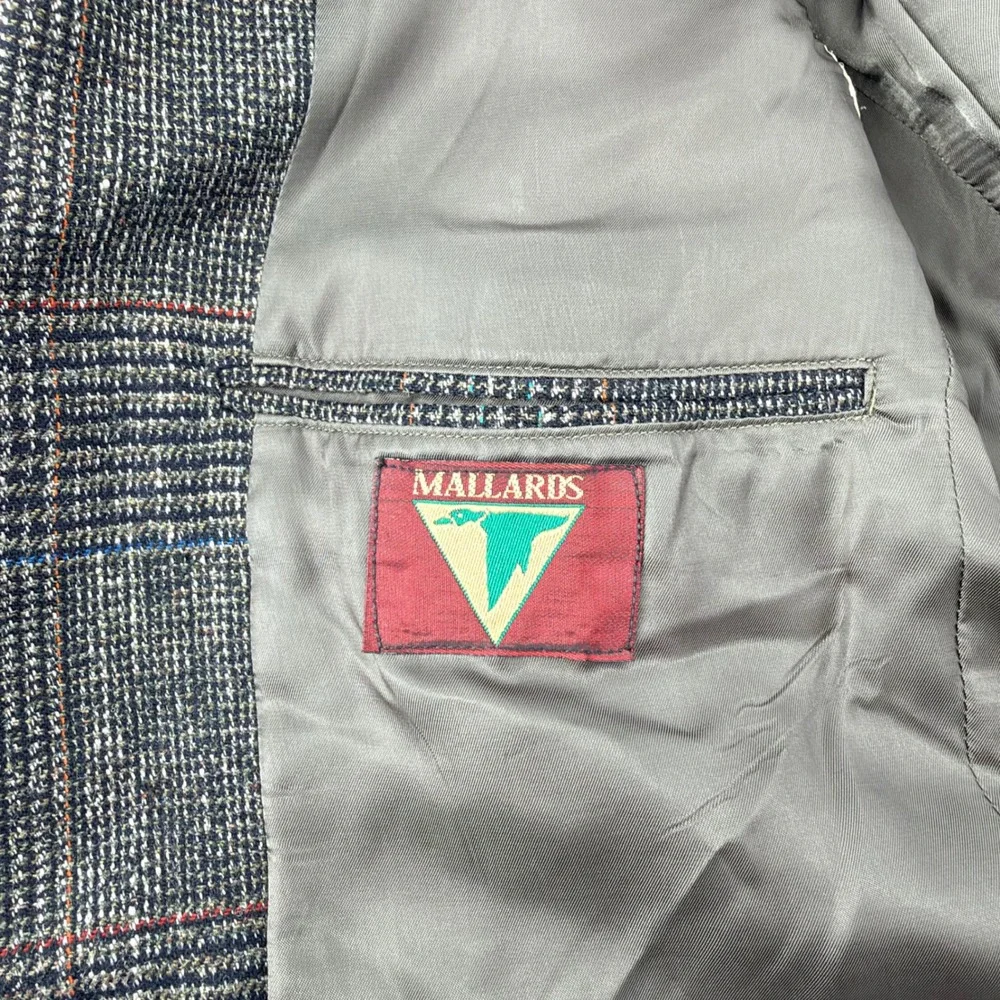 Vintage Mallards Glen Plaid Sport Coat Grey Wool Blend Two Button Blazer 44R Gry